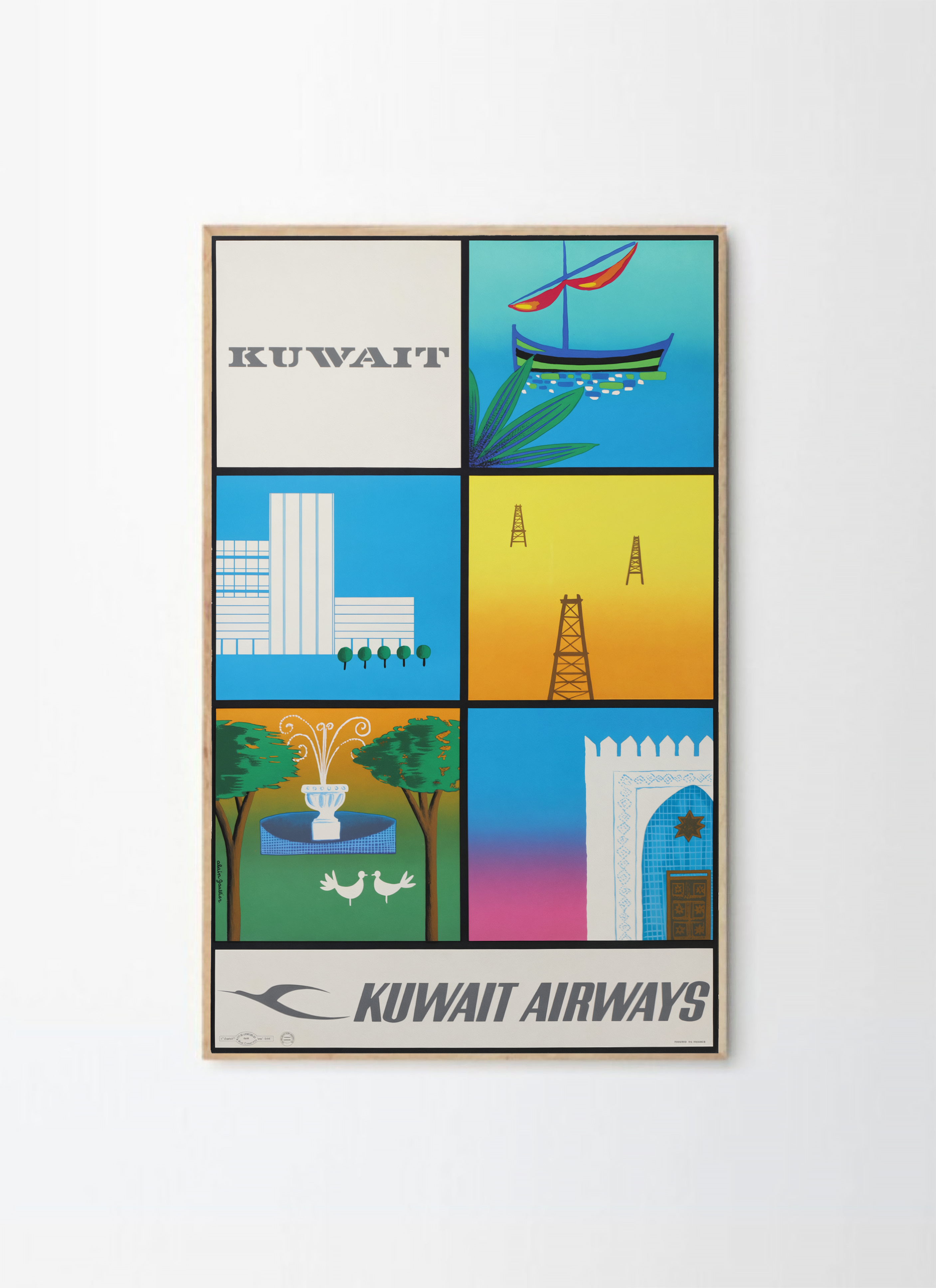 Kuwait Airways vintage airline poster illustration for wall art