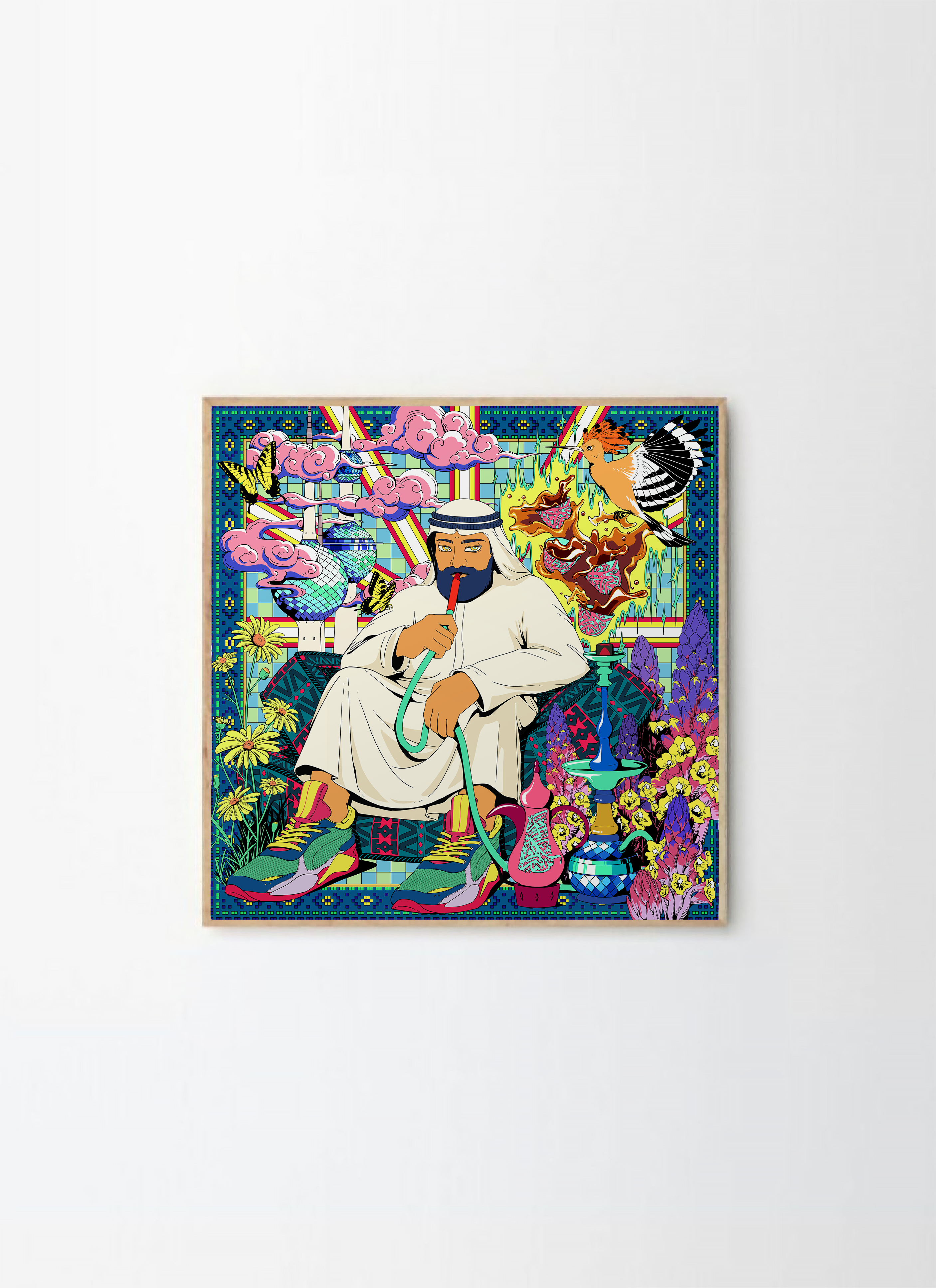 Kuwaiti man smoking hookah psychedelic poster print