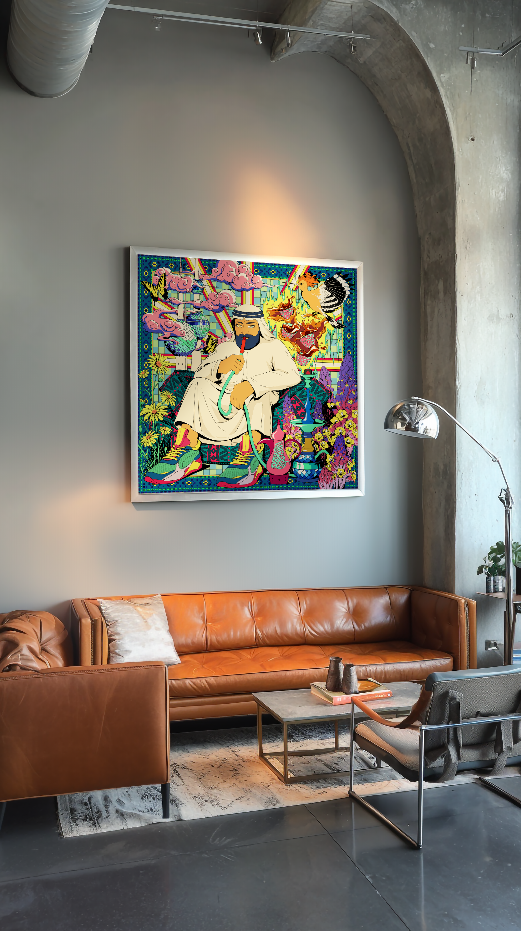 Psychedelic illustration of a Kuwaiti man smoking hookah for home wall art and interior styling