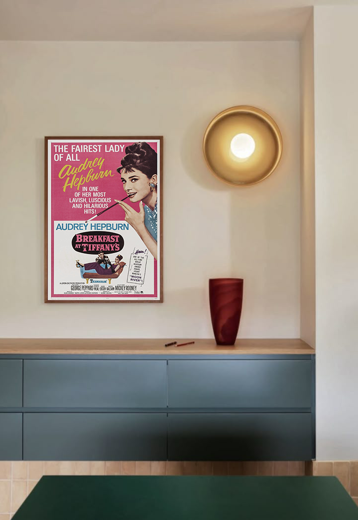 Retro Breakfast at Tiffany’s movie illustration for home wall art and interior styling
