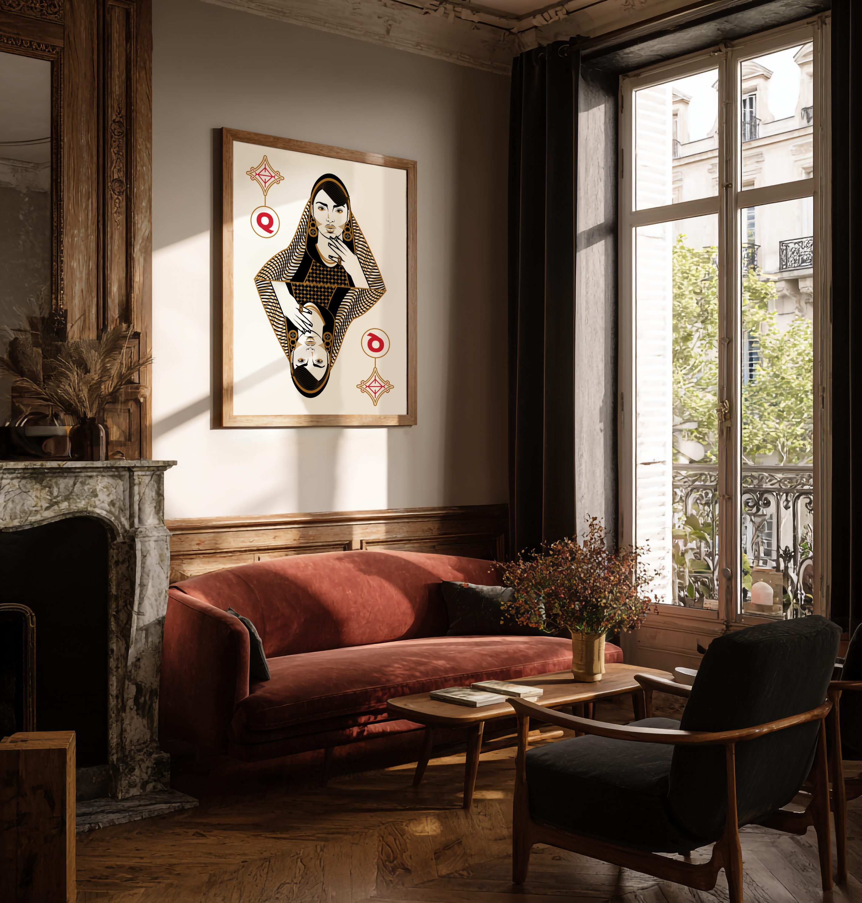 Queen playing card illustration for home wall art and interior styling